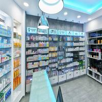 Professional retail pharmacy shop interior design with modern shop counter design